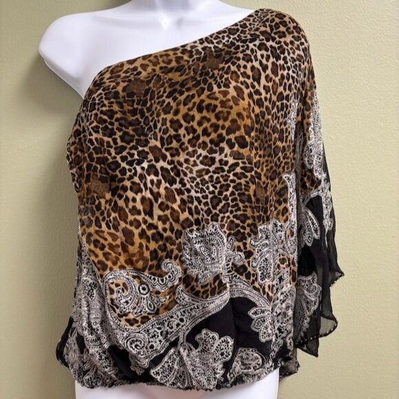 CACHE Womens Silk Animal Print Top Size L Leopard Paisley Beaded Mob Wife Chic - Picture 1 of 14